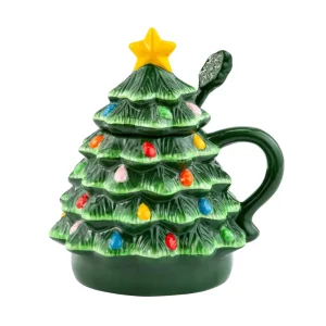 Hot Mr. Christmas Nostalgic Ceramic Tree Lidded Mug With Spoon - Green