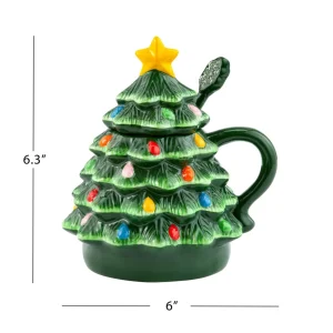 Hot Mr. Christmas Nostalgic Ceramic Tree Lidded Mug With Spoon - Green