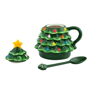 Hot Mr. Christmas Nostalgic Ceramic Tree Lidded Mug With Spoon - Green