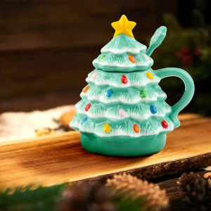 Hot Mr. Christmas Nostalgic Ceramic Tree Lidded Mug With Spoon - Seafoam